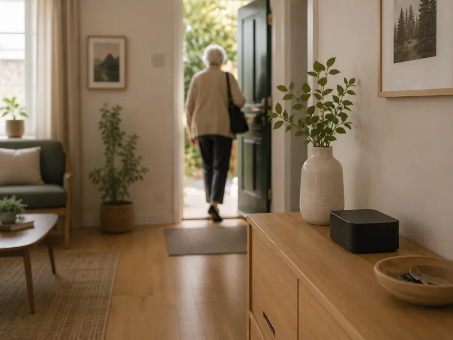 An elderly woman heading out through her front door, handbag over her shoulder.